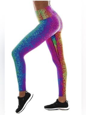 NWOT K-Deer Print Sneaker Length Leggings Disco Dot Rave New Techno Rainbow L